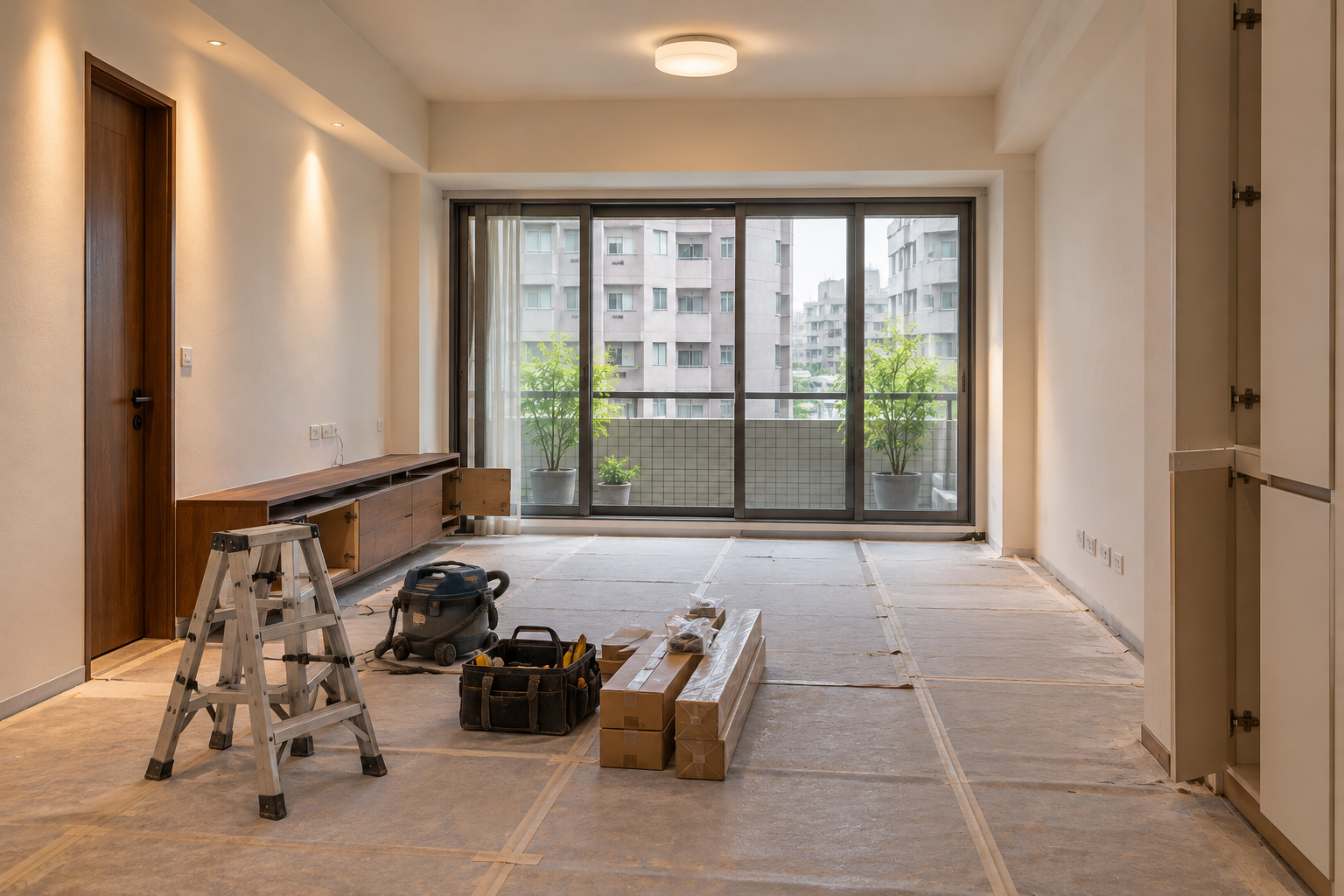 施工中｜入口側向視角｜接近完成時，核對收邊、設備及家具進場前的空間。