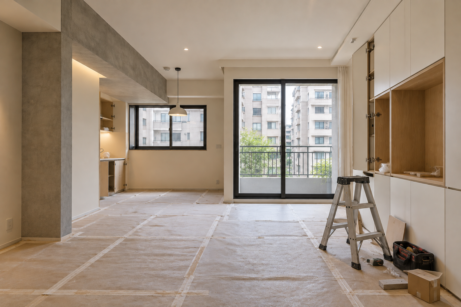 施工中|入口側向視角|接近完成時,核對收邊、設備及家具進場前的空間。