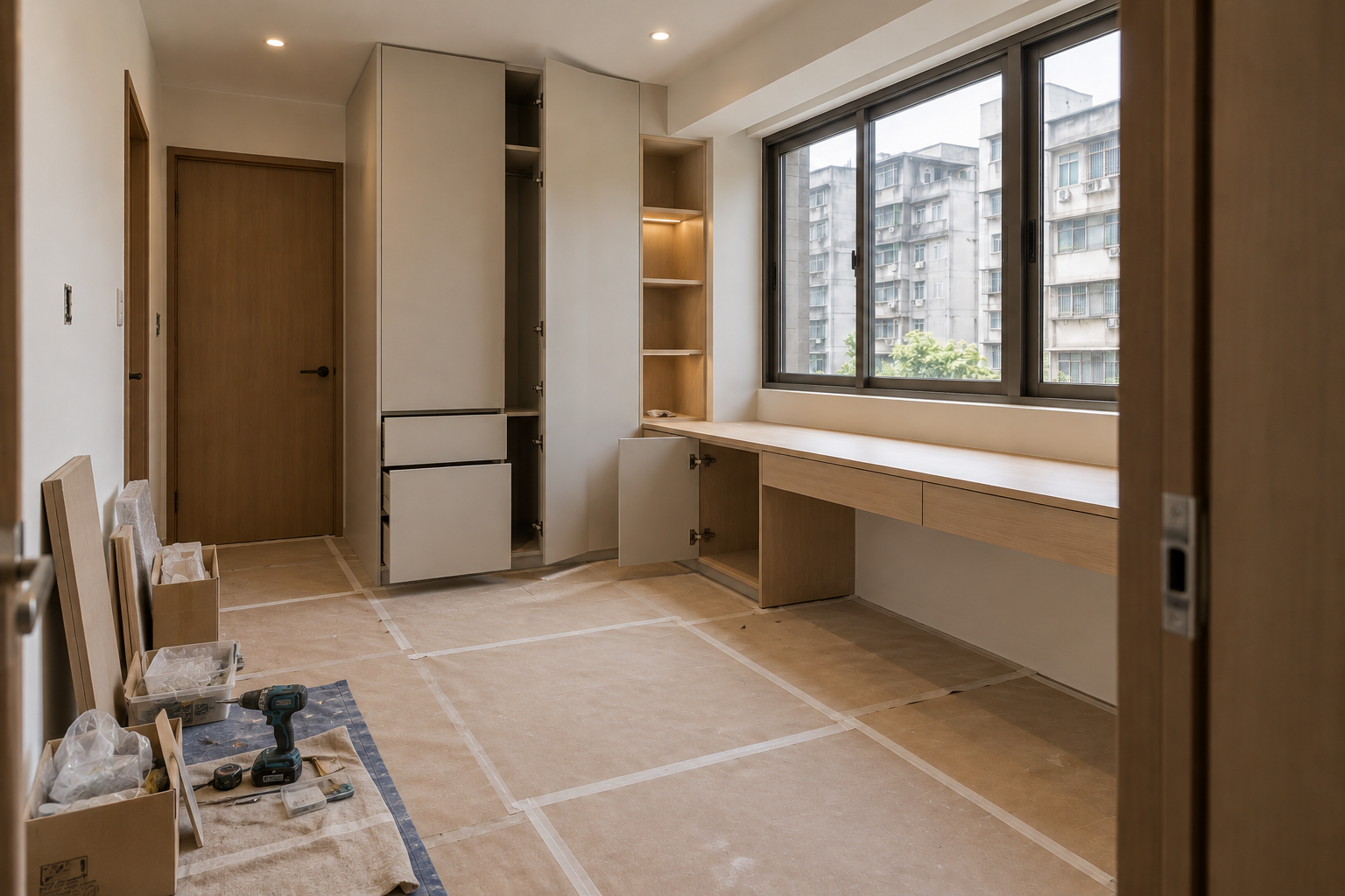 施工中｜入口側向視角｜接近完成時，核對收邊、設備及家具進場前的空間。