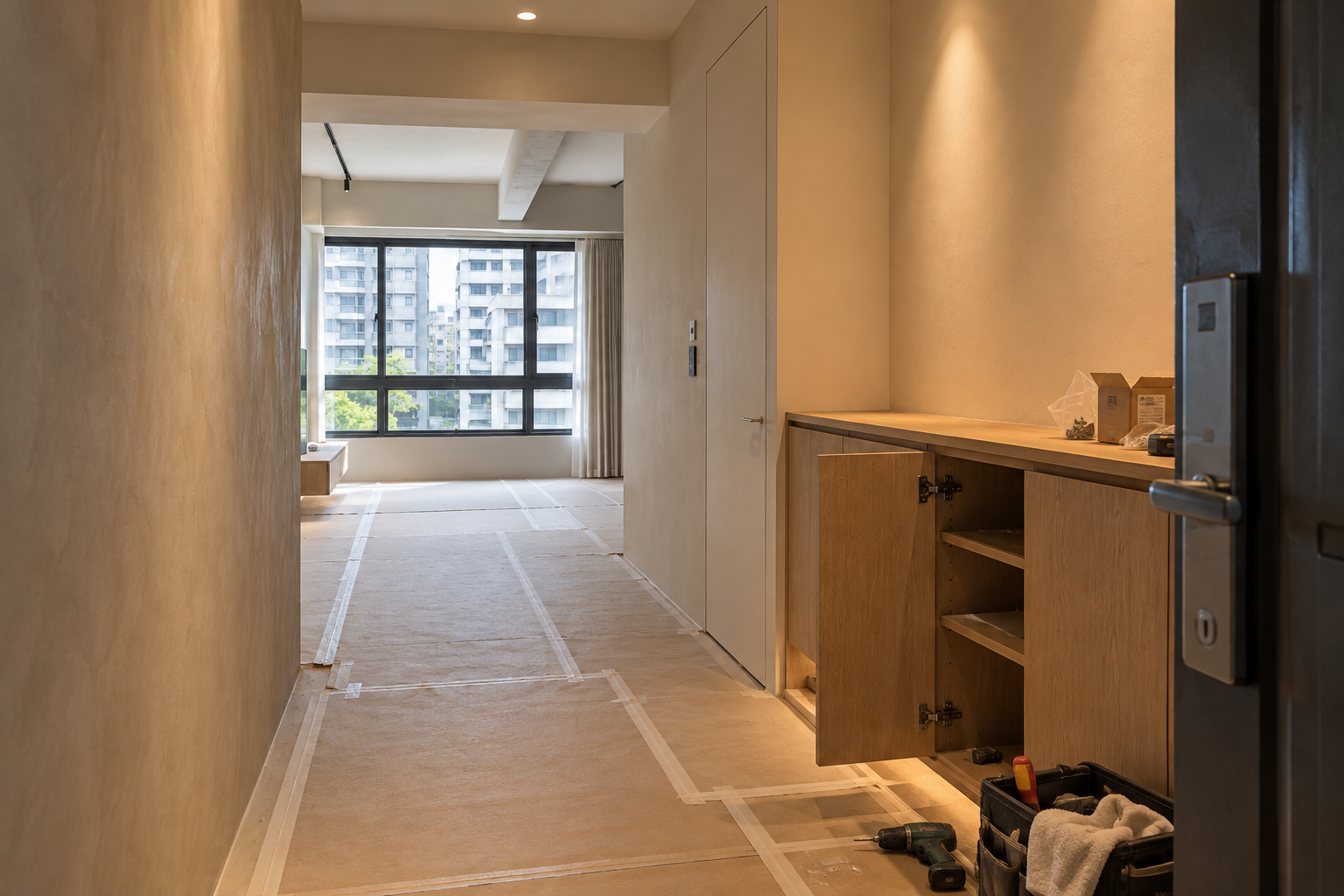 施工中|入口側向視角|接近完成時,核對收邊、設備及家具進場前的空間。